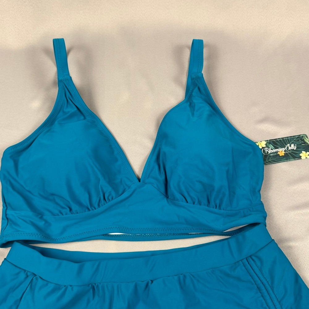 Blooming Jelly Teal Blue Bikini Set with Ruched Ruffle Swim Skirt Size L New - Picture 6 of 9